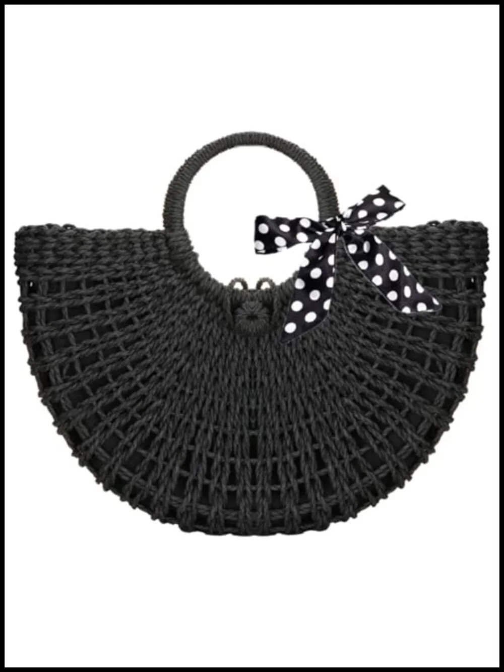 Hand-Woven Straw Tote Bag Round Ring Handle Summer Beach Rattan Handbag